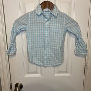 Janie and Jack Button Down Shirt Boys Size 3 Light Blue Gingham Linen‎ Blend